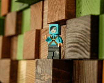 Minecraft Wood Wall Art, wood wall decor, wooden mosaic, abstract wood art, wall hanging, 3d wall art, sound diffuser