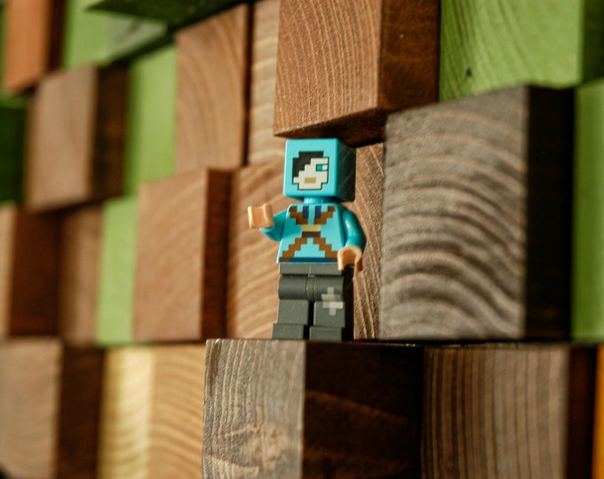 Minecraft Wood Wall Art, wood wall decor, wooden mosaic, abstract wood art, wall hanging, 3d wall art, sound diffuser