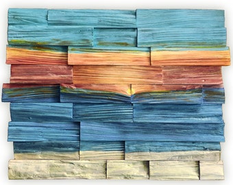 Egremni Sunset, Reclaimed Wood Mosaic Wall Art, Sound Diffuser
