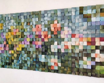 151x67 cm Waterlilies, Wood Wall Art, wall decor, wooden mosaic, abstract art, wall hanging, sound diffuser