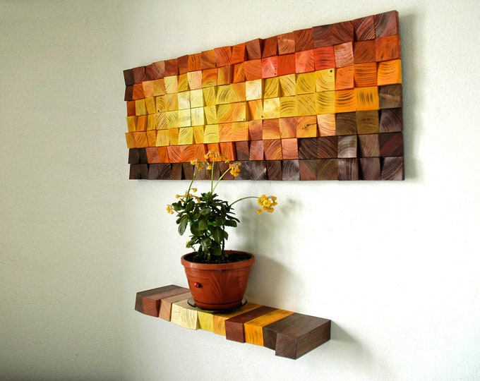 Floating Shelf + Wood Wall Art Magma, wood wall decor, wooden mosaic, abstract wood art, wall hanging
