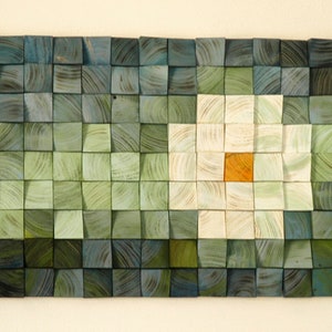 Abstract Wood Mosaic Wall Art, White Flower Painting, 3D Wooden Decor