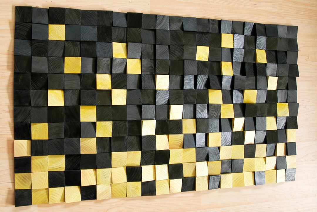 Gold and Black Wall Art, Wood Wall Decor, Wooden Mosaic, Abstract Wood