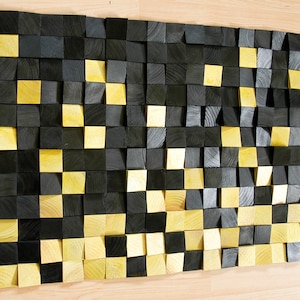 Gold and Black wall art, wood wall decor, wooden mosaic, abstract wood art, wall hanging, 3d wall art, sound diffuser