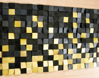 Gold and Black wall art, wood wall decor, wooden mosaic, abstract wood art, wall hanging, 3d wall art, sound diffuser