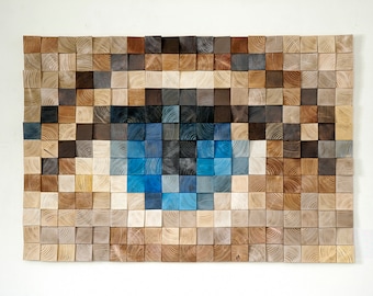 Blue Eye Large, Painting Wood Wall Art, unique design, wood wall decor, wooden mosaic, abstract wood art, wall hanging, 3d wall art