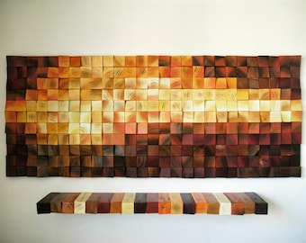 Magma Wood Mosaic Wall Art Set, Floating Shelf and Wall Hanging