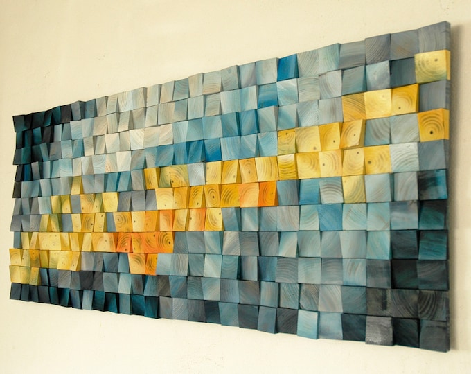 Yellow Sea Dragon 120 cm, Wood Wall Art, wall decor, wooden mosaic, abstract art, wall hanging, 3d wall art, sound diffuser