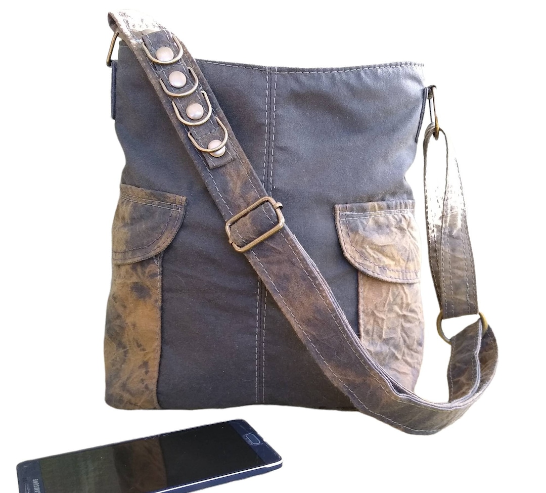 Khaki Waxed Cotton Cross Body Bag. Distressed Style With Decorative
