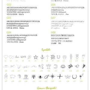 May include: A chart with different font styles and symbols for personalized engraving. The chart includes a variety of fonts, including serif, sans-serif, and script fonts. The symbols include hearts, stars, infinity signs, and more. The chart also includes examples of how the engraving would look on different types of tags.