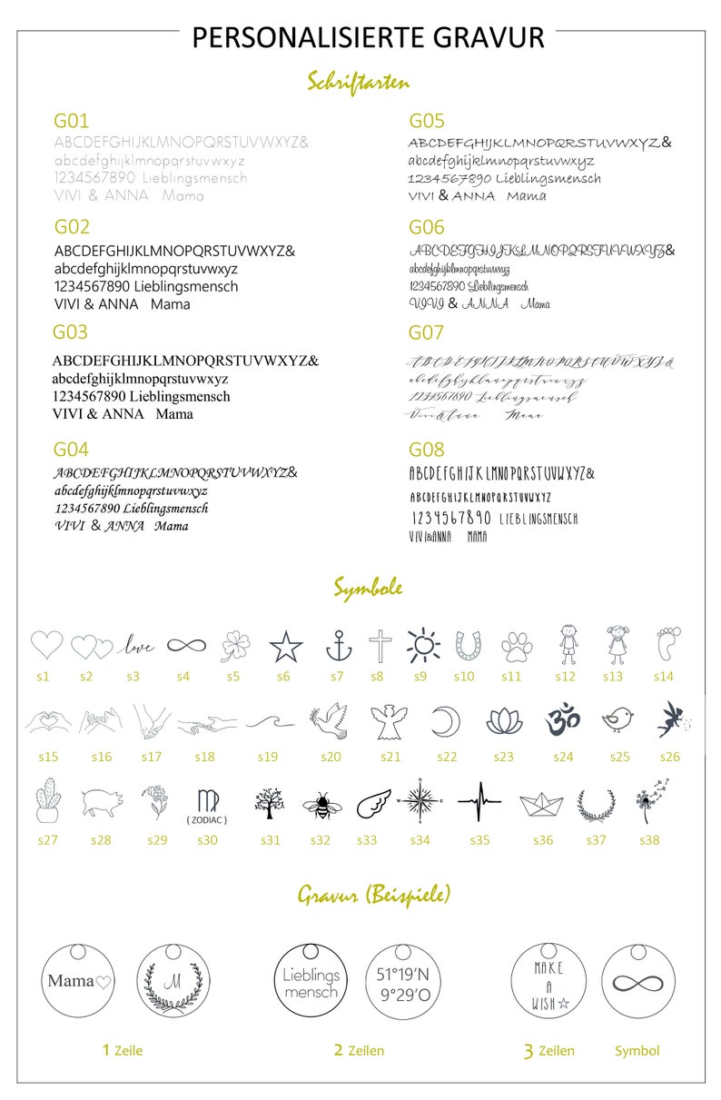 May include: A chart with different font styles and symbols for personalized engraving. The chart includes a variety of fonts, including serif, sans-serif, and script fonts. The symbols include hearts, stars, infinity signs, and more. The chart also includes examples of how the engraving would look on different types of tags.