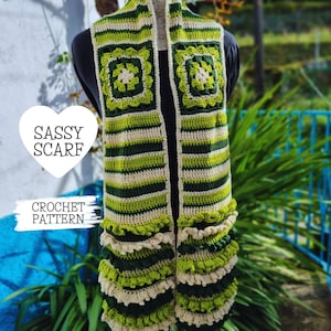 Crochet Pattern | PDF Digital Download File | Colourful Crochet Scarf Pattern | Granny Squares | Pretty Scarf Project | Sassy Scarf