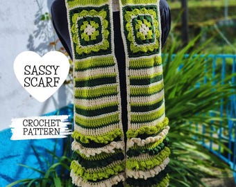 Granny Square Crochet Scarf Pattern | Sassy Scarf, Colourful Project (PDF Digital Download)