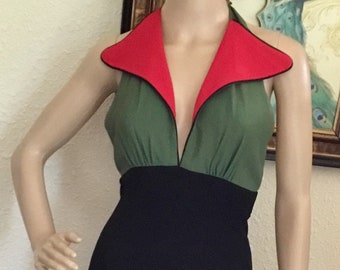 80’s Vintage Color-block Halter Maxi Dress