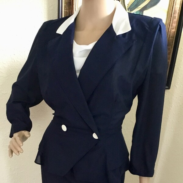 70’s Vintage Blue White 2pc Long Sleeve Peplum Blouse Pencil Skirt Set