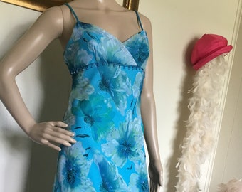 90's Vintage Blue Sexy Yellow White Floral Beaded Sundress