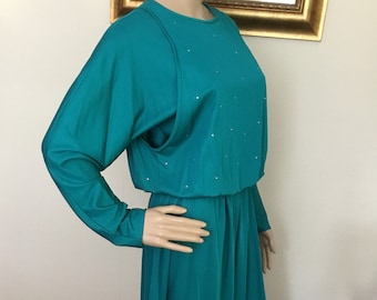 70's Vintage Green Disco Crystal Studded Long Sleeve Midi Dress