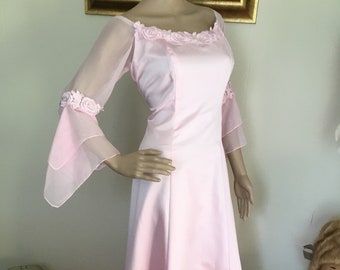 80's Vintage Pink Cold Shoulder Flutter Sleeve Formal Maxi Dress