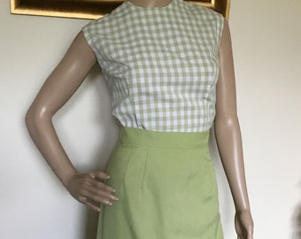 40's Vintage Green White Gingham Rockabilly Crop Top Skirt Set