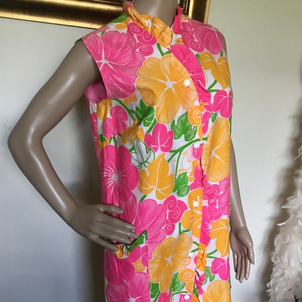 60's Vintage Pink Yellow Floral Ruffled Daydress