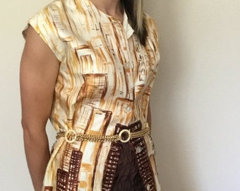 50's Ivory Retro Brown City Print Mod Sleeveless Tunic Mini Dress