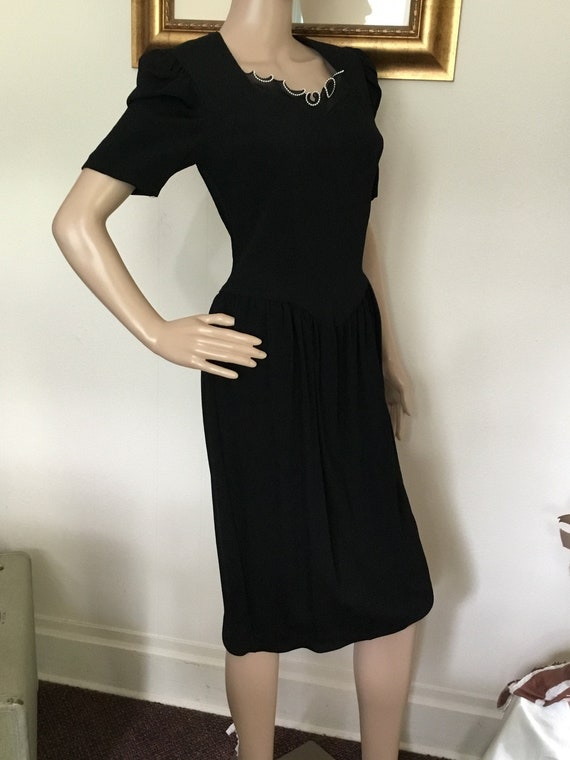 80's Vintage Black White Beaded Ruffle Dress