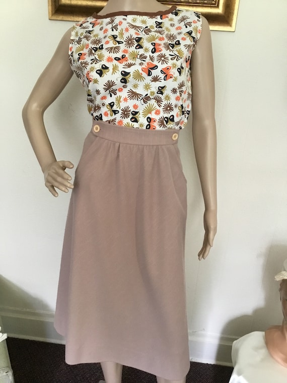 60's Vintage Tan Retro Hi-Waist Mod Midi Skirt