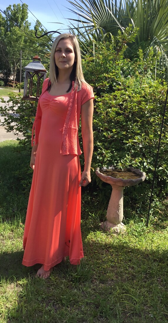 70's Vintage Coral Boho Maxi Sundress and Hippie … - image 3