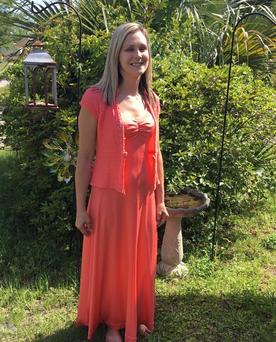 70's Vintage Coral Boho Maxi Sundress and Hippie … - image 2