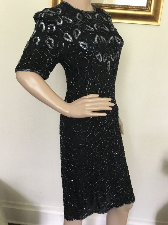 80's Vintage Black Beaded Silver Sequin Floral She