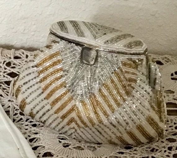 60's Vintage Gold & Silver Glass Bead Evening Bag - image 1