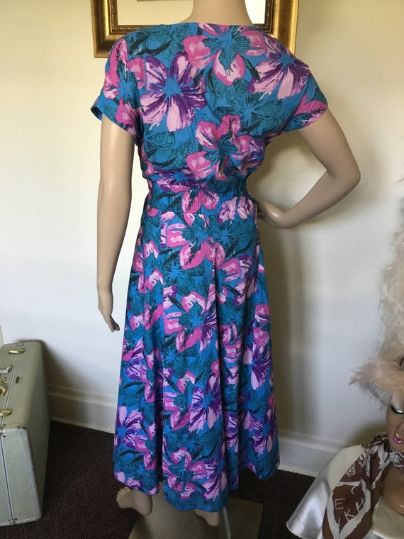 80's Vintage Blue Preppy Pink Purple Floral Midi … - image 6