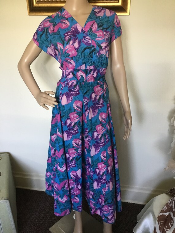 80's Vintage Blue Preppy Pink Purple Floral Midi … - image 2