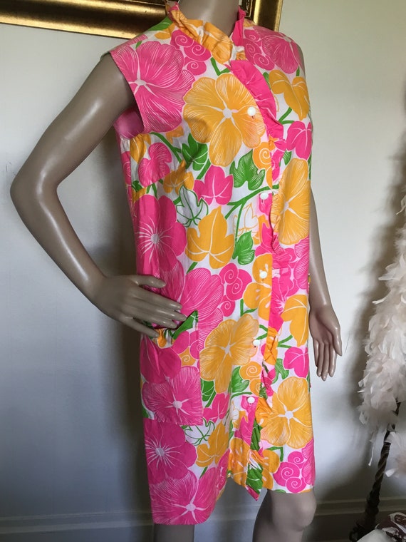 VTG 60s 70s YELLOW PINK GREEN FLORAL FIGURE ETHNIC PSYCH SUMMER DRESS 16 18 main image 0