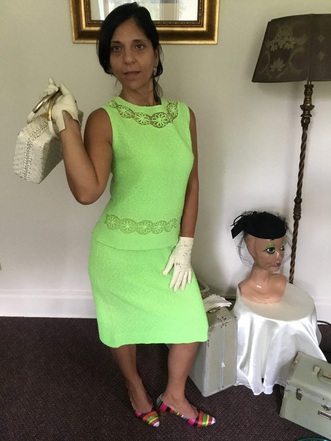 60s Vintage Lime Green Knit Mod Sheath Skirt Top Set NWT Etsy