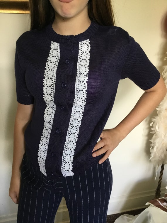 70's Vintage Navy Blue White Lace Short Sleeve Kn… - image 2