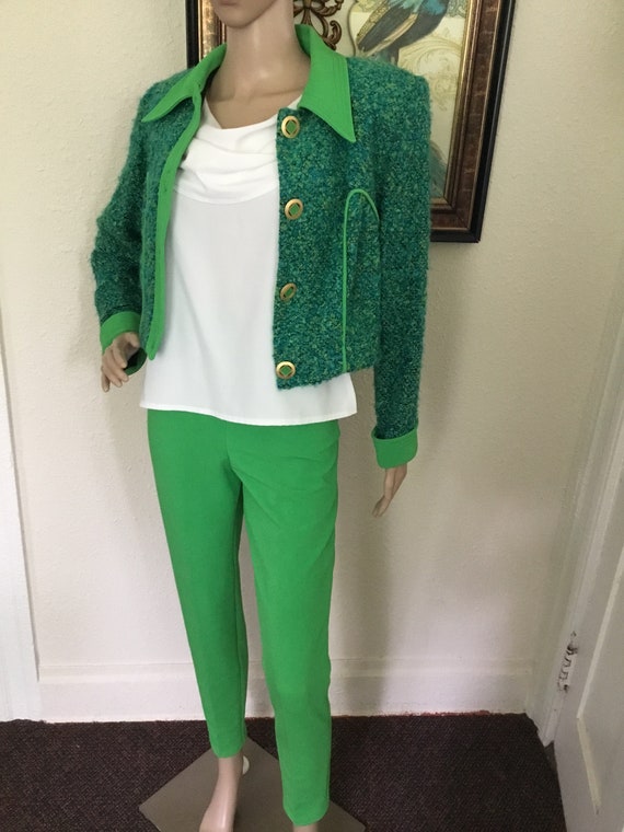 80’s Vintage Green Retro Blue Knit Crop Jacket Hi-