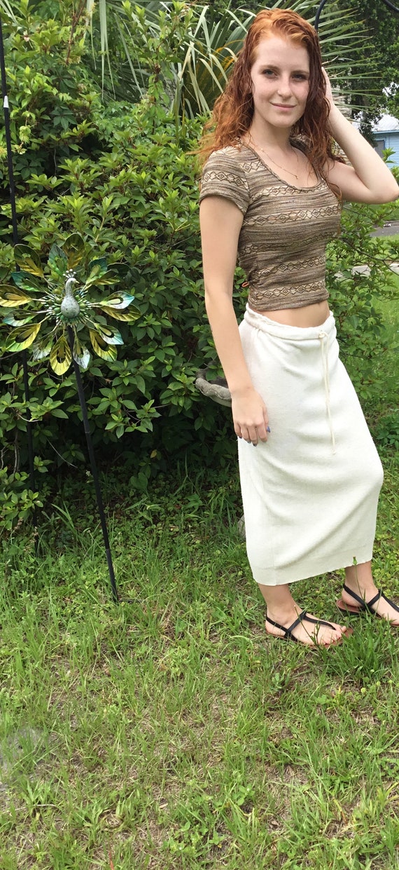 80’s Vintage Tan Knit Sweater Maxi Skirt - image 3