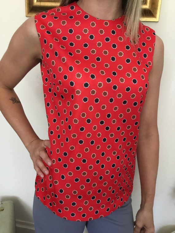 60's Vintage Red Floral Mod Gogo Sleeveless Top - image 3