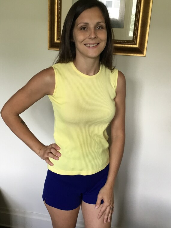 60's Vintage Yellow Ribbed Mod Sleeveless Top - image 1