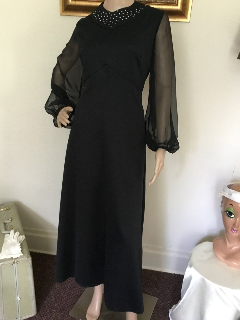 70\u2019s Vintage Black Sheer Sleeve Maxi Dress with Crystals