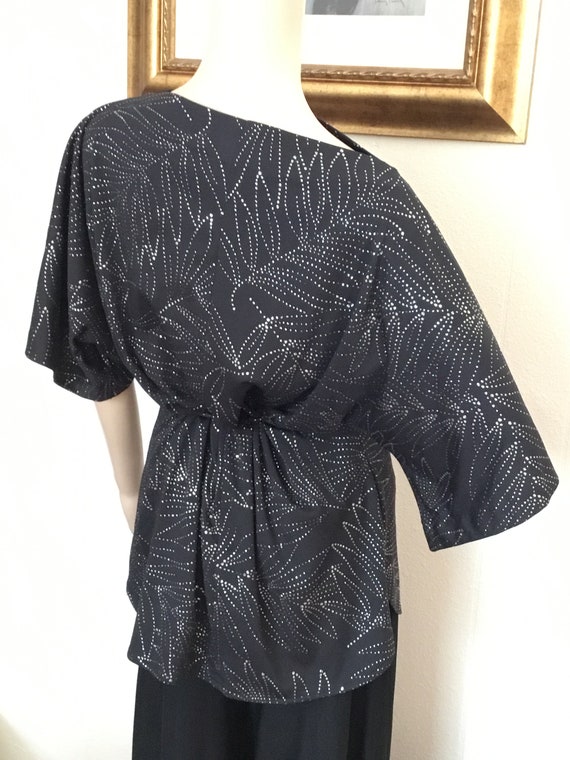 70's Vintage Black Silver Leaf Design Disco Top - image 9