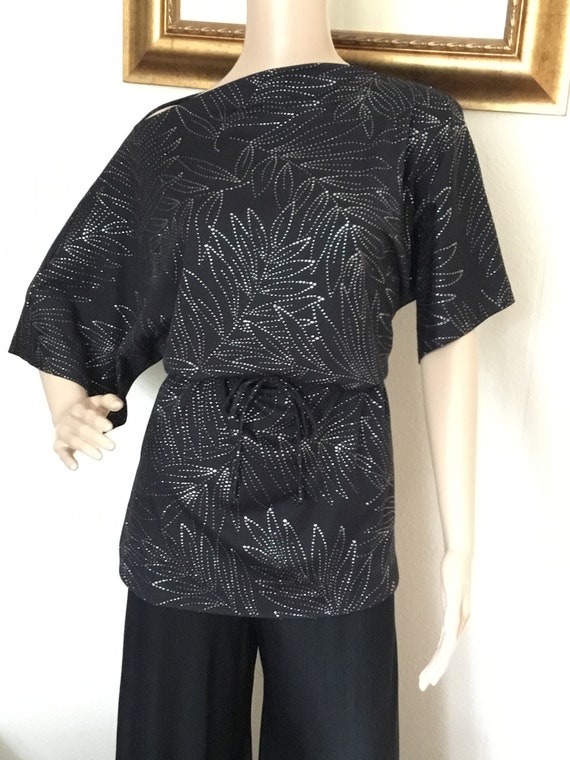 70's Vintage Black Silver Leaf Design Disco Top - image 2