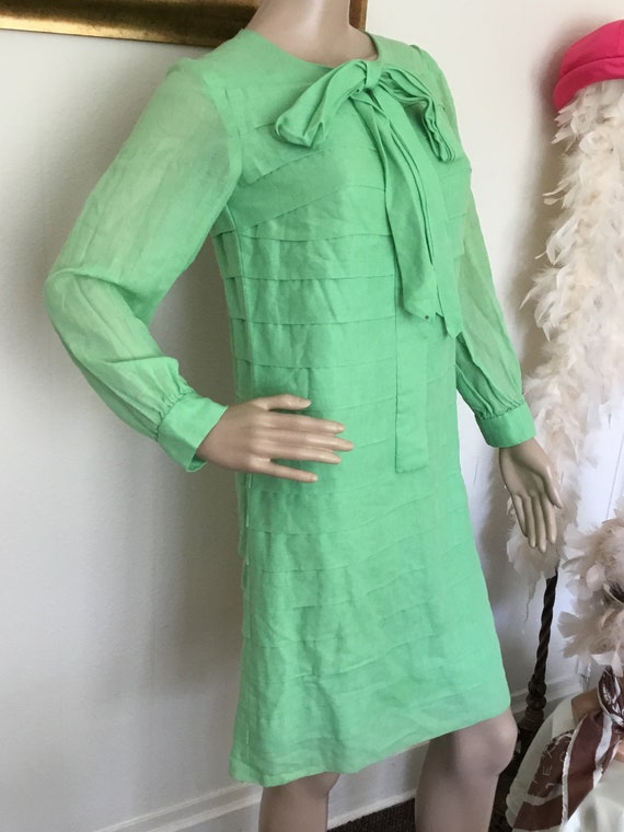 60's Vintage Green Mod Sheer Sleeve Pussybow Shift