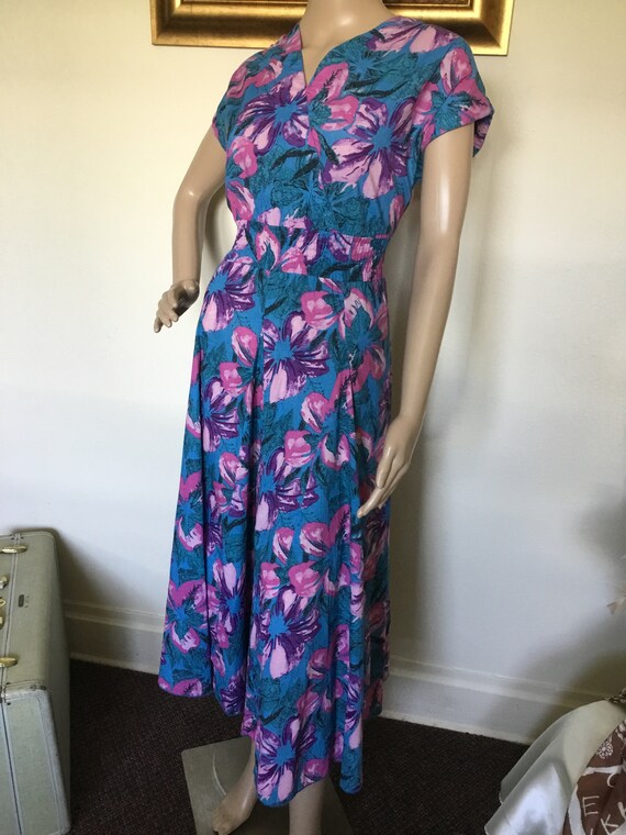 80's Vintage Blue Preppy Pink Purple Floral Midi … - image 3