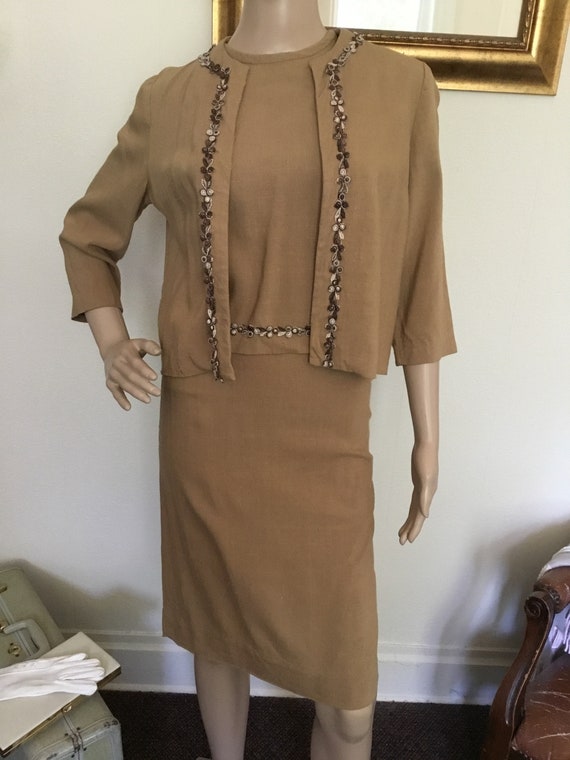 50's Vintage Tan Retro Brown Floral Ric Rac Mod Sl