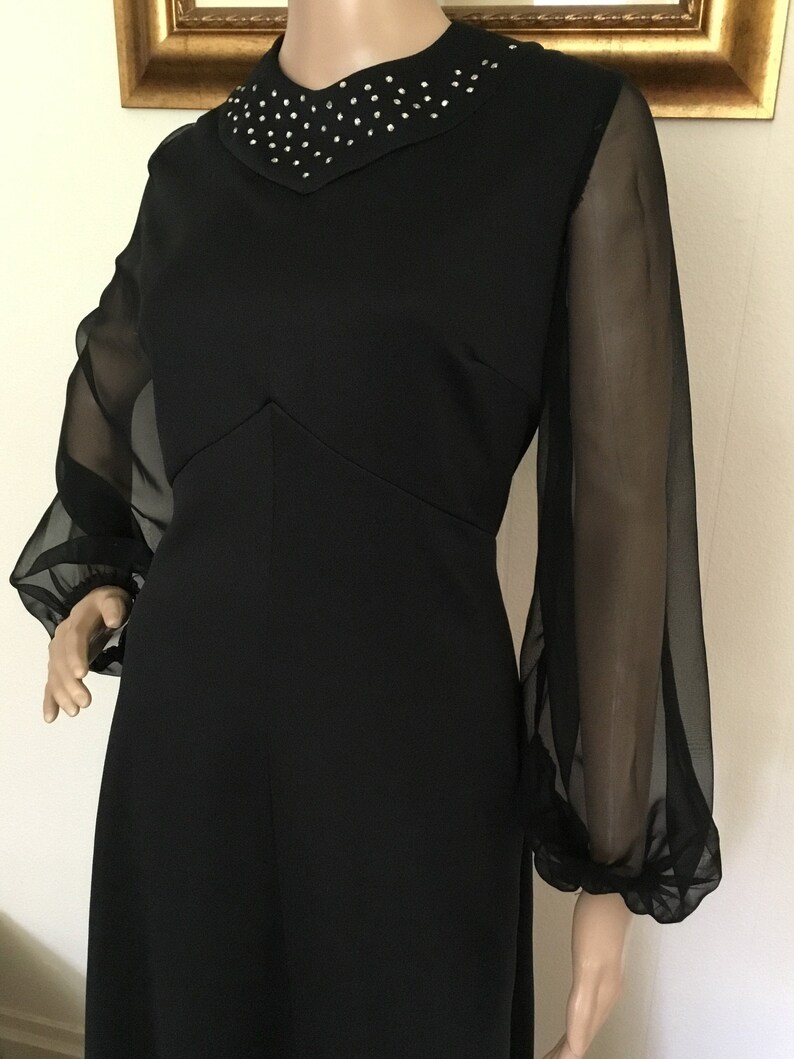 70\u2019s Vintage Black Sheer Sleeve Maxi Dress with Crystals