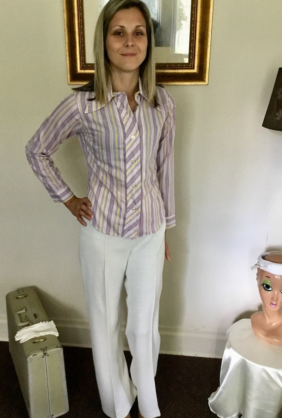 70’s Vintage White Purple Retro Striped Long Slee… - image 2