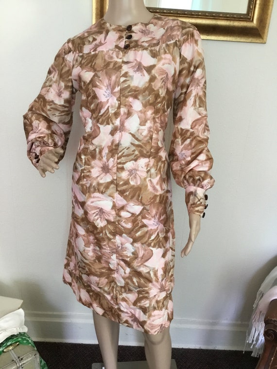 50s Vintage Brown Retro Pink Floral Mod Long Slee… - image 1