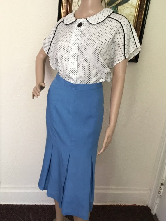 70’s Vintage Blue Hi-Waisted Rockabilly Midi Skirt - image 3